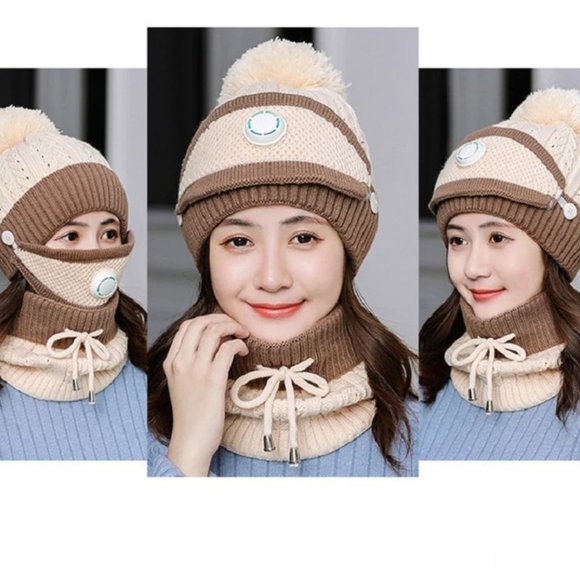 Pom Pom Beanie + Neck Gaiter + Mask combo  3pc set - Picture 1 of 5